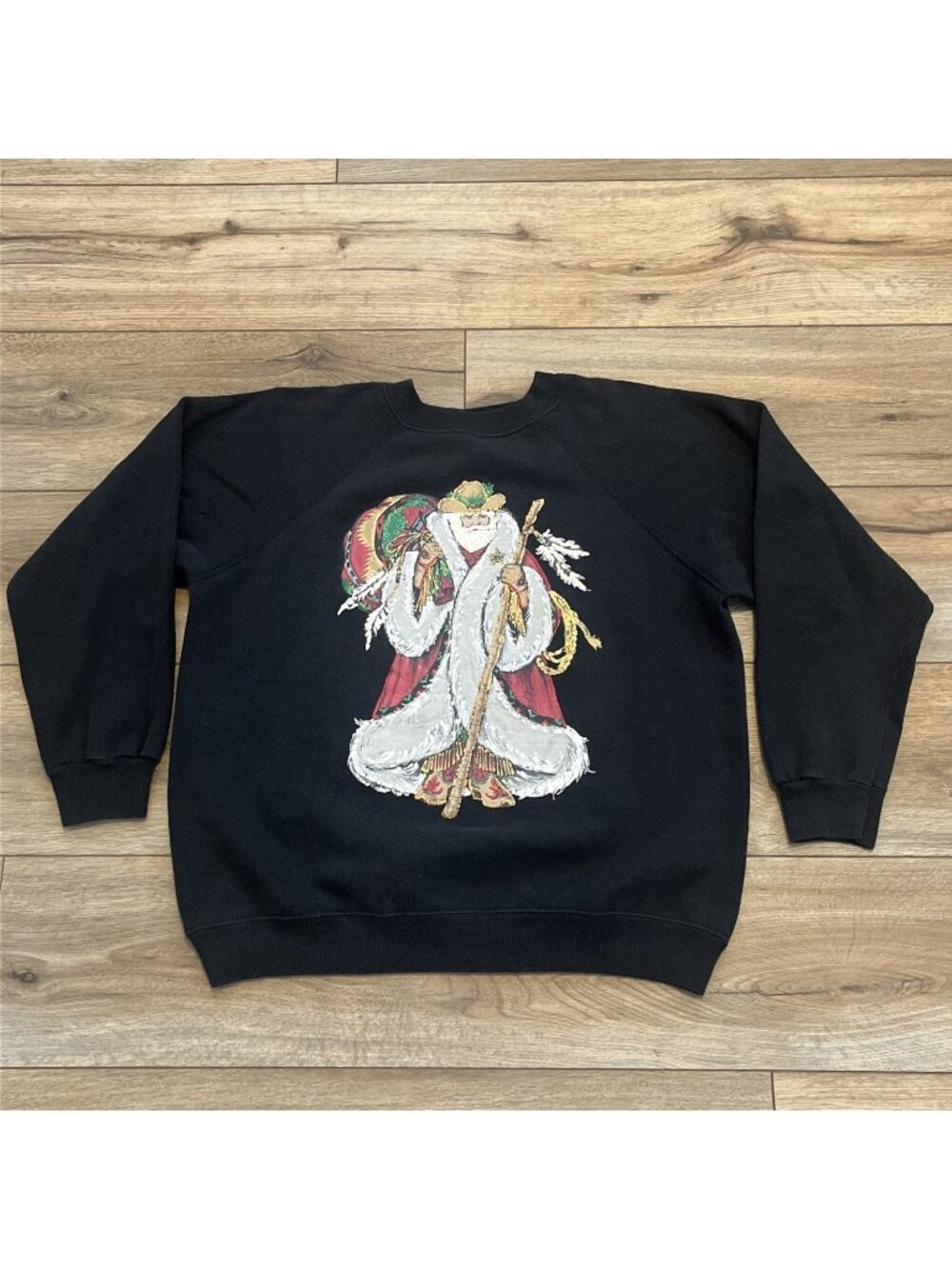 Santa Claus Sweatshirt SZ Medium Black Hand Painted Southwestern Vintage Sweater